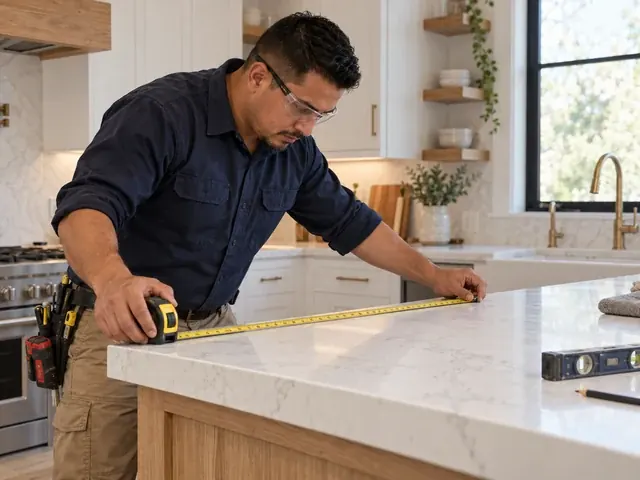 Remodeling contractor measuring a marble kitchen countertop with a tape measure