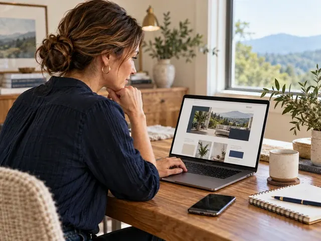 New business owner checking her landing page on a laptop at home